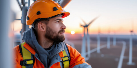 Engineer inspecting wind turbine farm at sunset: ensuring efficient renewable energy generation