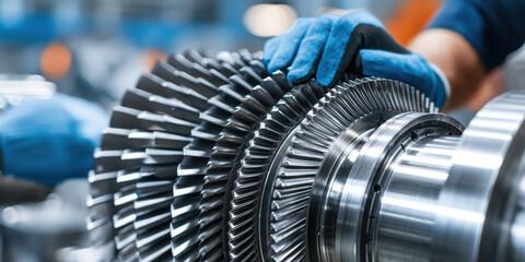 Industrial worker assembling turbine engine rotor in factory