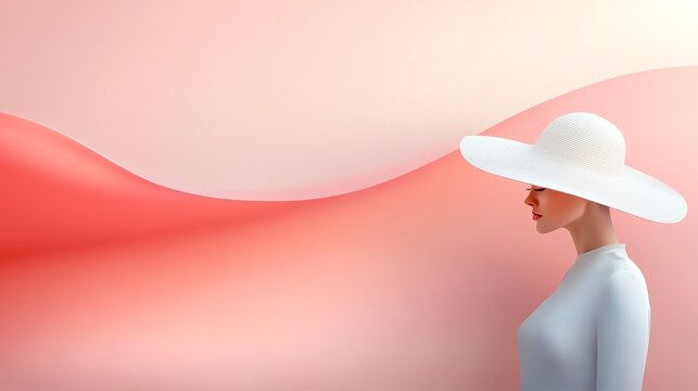 Fashion concept art: A friendly woman in a large hat with copy space for text or other content. 