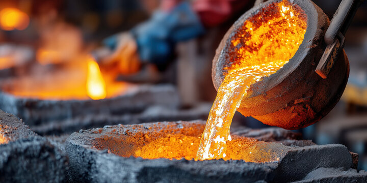 Foundry worker pouring molten metal into mold in a foundry