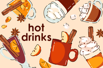 Banner with autumn, winter hot drinks. Pumpkin latte, hot chocolate, coffee with cream, mulled wine, cocoa with marshmallow. Background with drinks. Vector illustration.	
