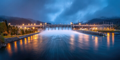 Hydroelectric power plant releasing water at dusk, generating renewable energy