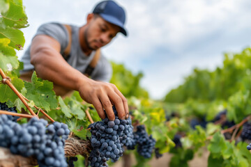 Winemaker picking ripe red grapes in vineyard during harvest season