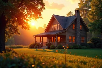 Cozy Sunset Home A Warm Family Scene of Belonging and Accomplishment, Perfect for Real Estate, Family, and Home-Related Projects.