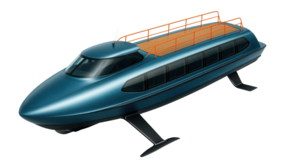 Hydrofoil passenger ferry with visible wing-like structures beneath the hull