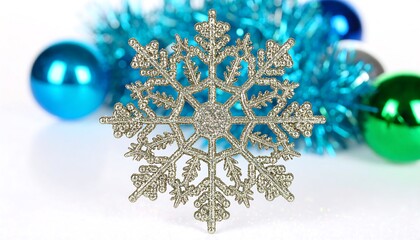 A festive silver snowflake ornament is centrally featured, surrounded by teal and green Christmas balls, creating a vibrant holiday scene.