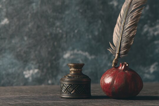 Antique writing implements, pomegranate, and feather
