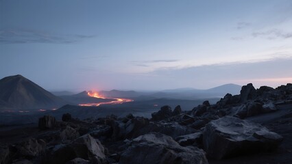 Fototapeta premium A dramatic volcanic landscape at twilight with glowing lava flowing from an erupting volcano under a dusky sky.
