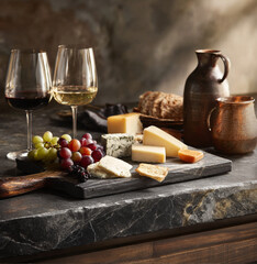 a dramatic photo of assorted cheeses and wine glasses on a matte black stone counter, low warm lighting