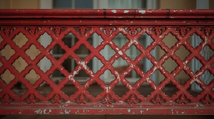 Weathered Red Metal Balcony Railing with Rust and Chipped Ename