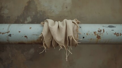 Rusty Gray Metal Pipe Wrapped in Frayed Beige Cloth with Industrial Texture