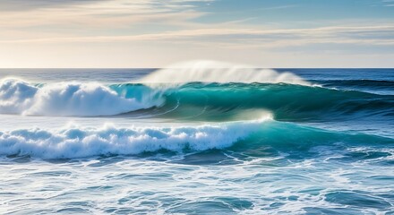 Obraz premium Majestic ocean waves crashing under a luminous sky creating foamy textures