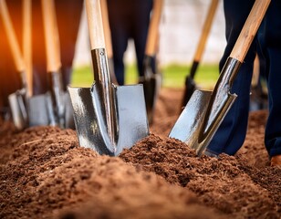 ceremonial shovels in soil at groundbreaking event