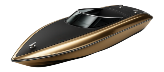 Gold plastic motorboat with a streamlined silhouette and retractable cleats