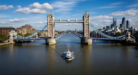 Naklejka premium Iconic Tower Bridge over the River Thames with London skyline and a boat.