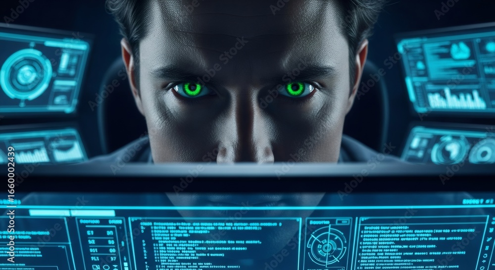 Aufkleber man with glowing green eyes looking at a virtual screen. concept of cyber security and artificial in