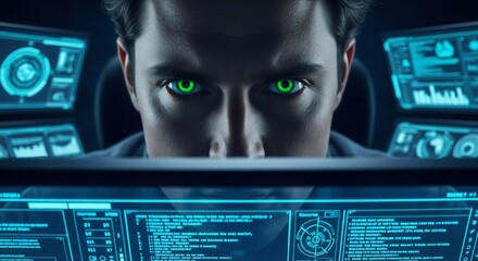 Man with glowing green eyes looking at a virtual screen. Concept of cyber security and artificial intelligence. IT data protection.
