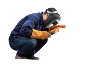 Welder Kneeling to Repair Metal Structure with Protective Equipment, Transparent PNG