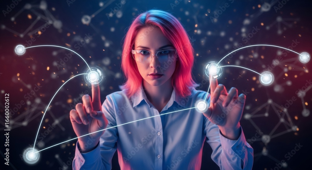 Poster woman interacting with digital network interface on dark background. global data connection and mode