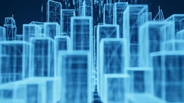 A futuristic cityscape rendered in a cool blue, showcasing architectural outlines and digital structures.