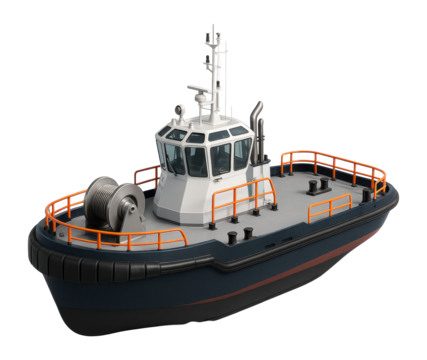 Icebreaker tug with a compact design and visible towing winch