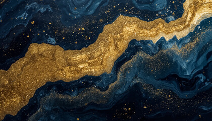 Gold leaf on a background of blue wavy liquid paint