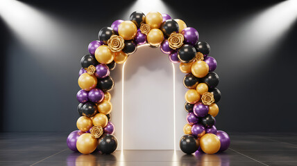 Elegant Black, Gold, and Deep Purple Balloon Arch Backdrop with Golden Roses and Metallic Accents 