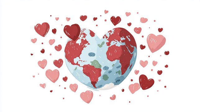 A watercolor depiction of Earth shaped as a heart surrounded by small hearts