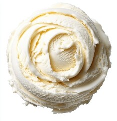 A close-up of creamy, swirled vanilla ice cream with a smooth texture and delicate folds on a white background.