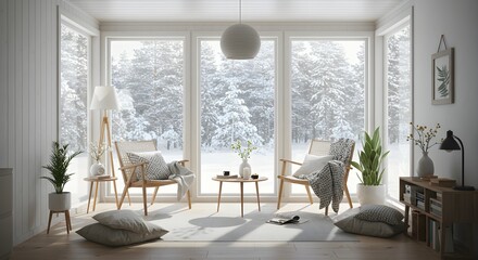 Cozy living room with large windows showcasing a serene winter forest landscape.