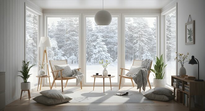 Cozy living room with large windows showcasing a serene winter forest landscape.