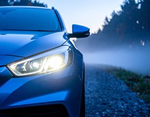 Frontscheinwerfer eines PKWs im Herbst in der D&auml;mmerung