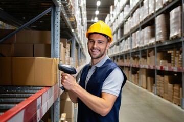 Warehouse worker scanning inventory boxes with barcode scanner for logistics efficiency