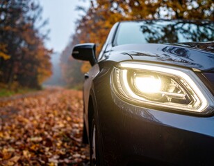 Fototapeta premium Frontscheinwerfer eines PKWs im Herbst in der Dämmerung
