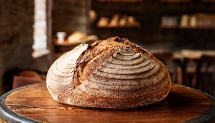 rustic sourdough bread on round wooden table in traditional bakery
