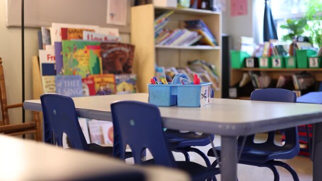 Empty Kindergarten Classroom Tracking Shot Over Student Desk