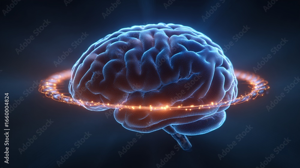 Poster digital brain with glowing ring: high-tech visualization of cognitive function and neural networks f