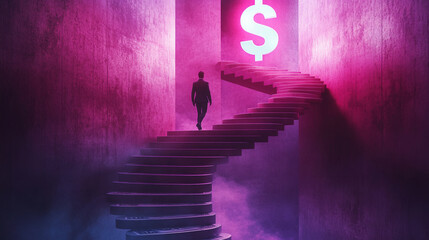 Navigating neon financial ascent: a businessman's illuminated path to success and wealth