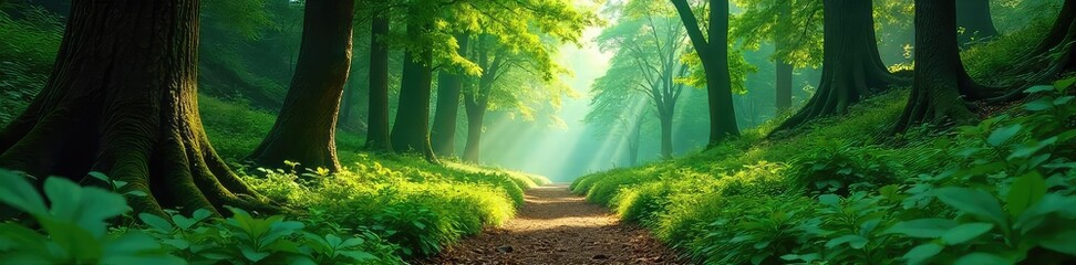 Magical Forest Trail Dappled Sunlight Illuminates a Lush Green Path Winding Through Towering Trees, Perfect for Adventure and Nature Travel Photography