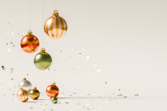 3D Christmas baubles and confetti with copy space and festive decor