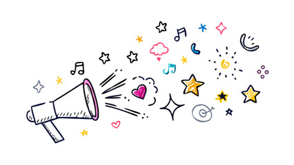 Megaphone with colorful doodles and stars hand drawn