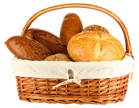 Rectangular Rustic Bread Basket with Cloth Liner and Loaves, Isolated