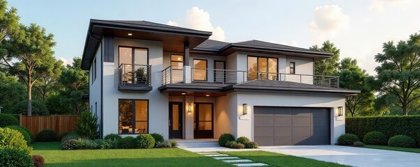 A newly constructed home showcases modern architecture with large windows, a pristine lawn, and a attached garage Perfect for real estate listings or home improvement websites , property, clean