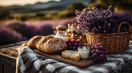 Beautifully styled picnic table set for an alfresco meal. It features fresh bread, ripe grapes, cheese, and a large bouquet of lavender.