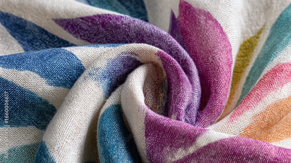 Poster close-up of colorful fabric with patterns in vibrant blue, purple, and other hues, showcasing textur