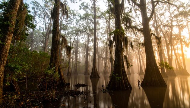 Misty sunrise bathes a tranquil cypress swamp, showcasing towering cypress trees reflected in the still water.