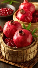 Juicy pomegranates in bamboo steamers with seeds