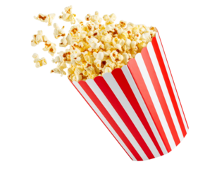  Tilted Popcorn Box with Popcorn Falling Out, Isolated PNG