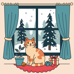 A ginger cat is sitting on a window with a winter forest outside.. Vector illustration