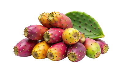 A colorful heap of prickly pears with a green cactus leaf behind them